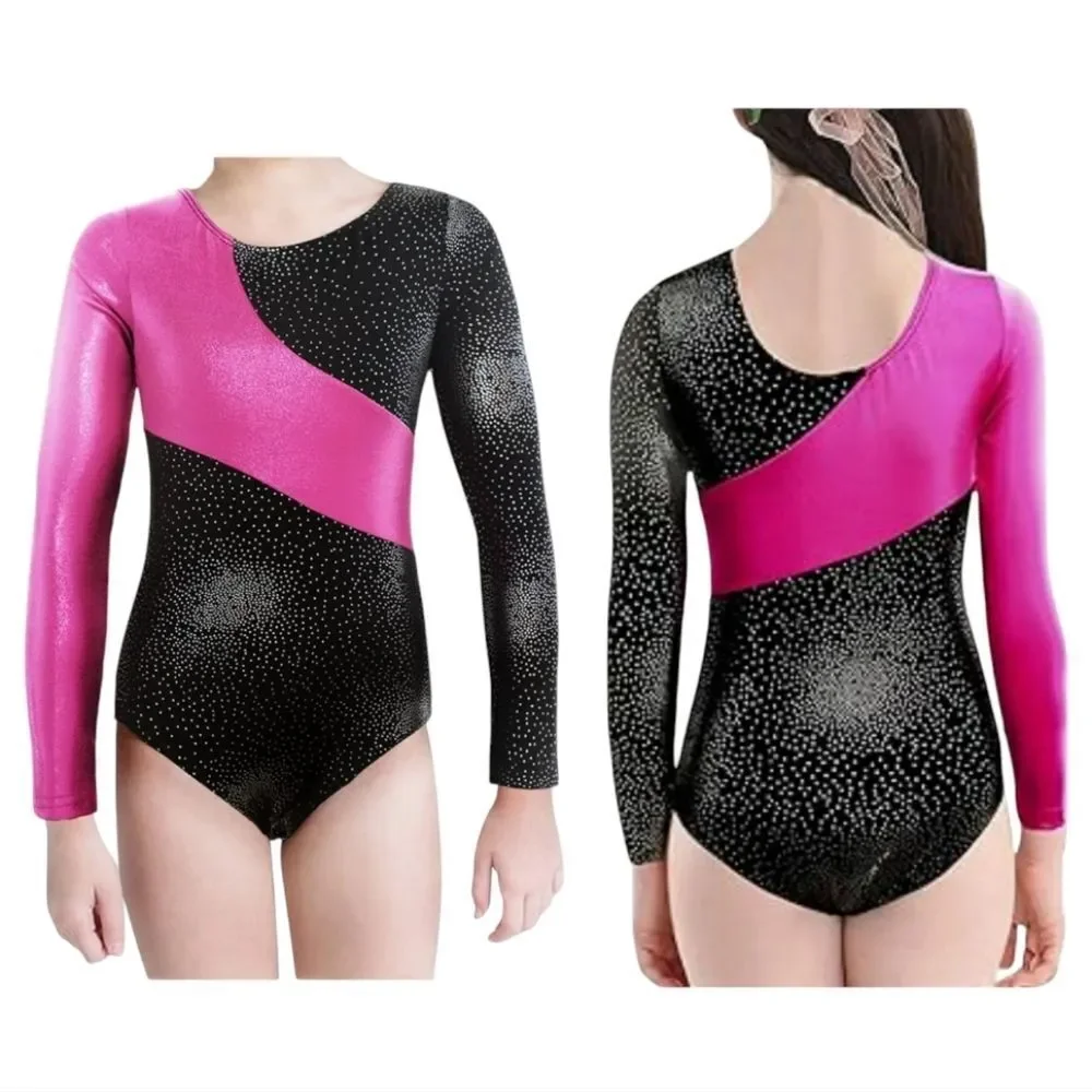 Girls Pink Black Sparkle Leotard Gymnastics Dance Tank Kids 110 3-4 Y Tumbling